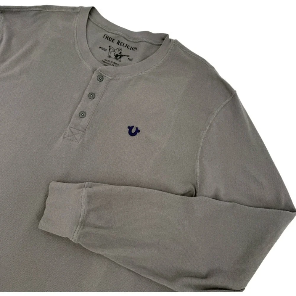TRUE RELIGION *FLAW* NEW 3XL Henley Shirt Charcoal Gray Long Sleeve Logo Y2K